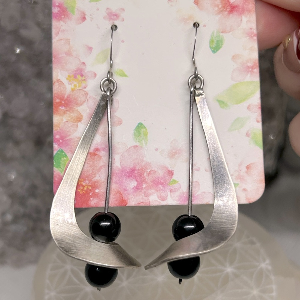 Taxco Modern Black Bead Silver Drop Earrings 925